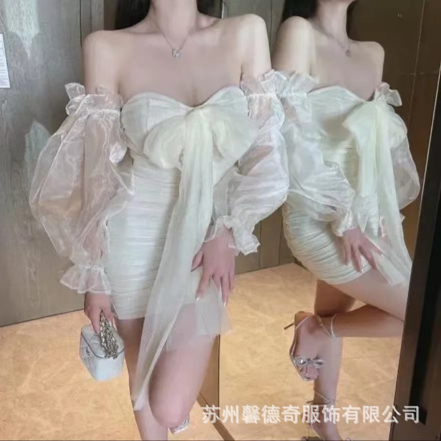 xdqfs summer pure silk satin bow stitching off-shoulder long sleeve sheath short dress 22 party dress