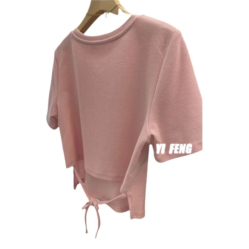 Back-watch Lace-up Pink Shoulder Short Short Short-sleeved T-shirt Women's New Summer Design Sense Niche T-shirt