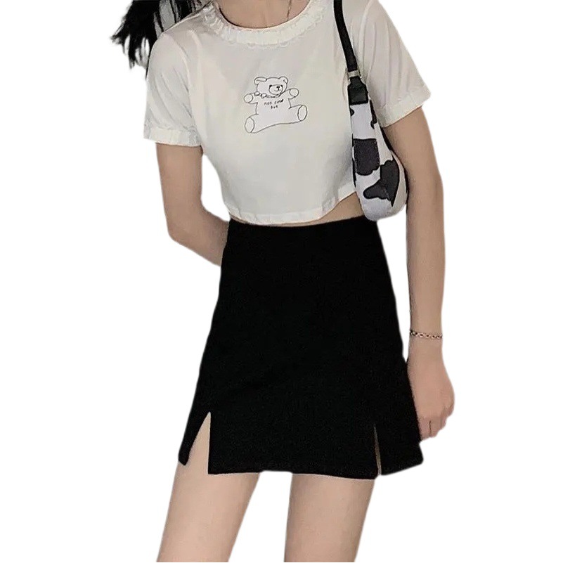 Black High Waist Split Skirt Women's Autumn Thin 2023 New Casual plus size Slim A- line Hip Skirt