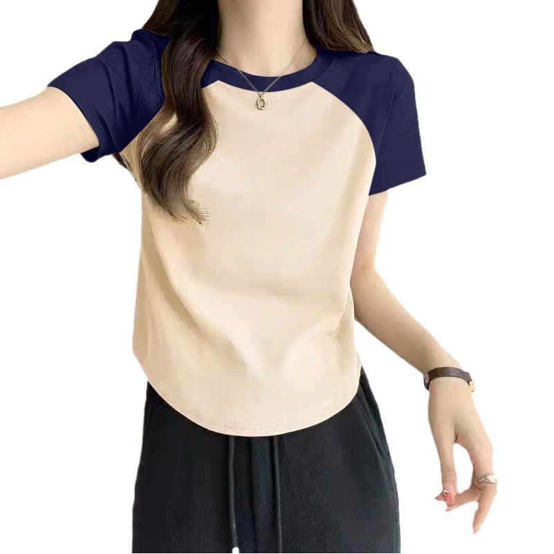 95 Cotton 2024 Summer Slim Round Neck Contrast Color T-shirt Cotton Elastic Slim-fit Short Raglan Sleeve Base Top for Women