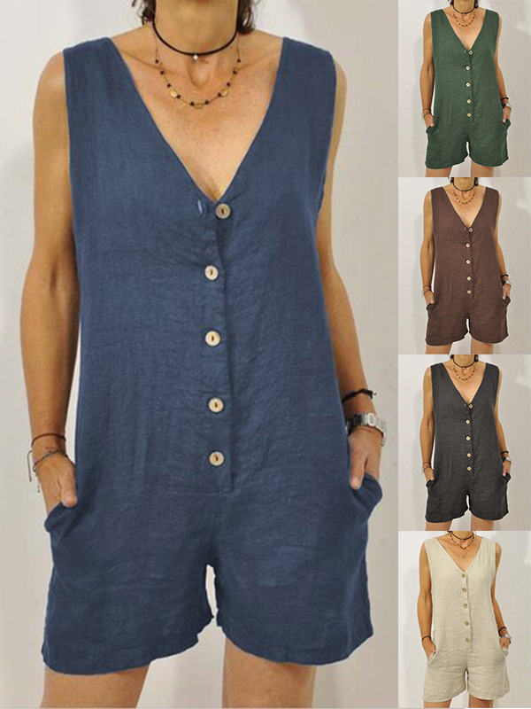 Picture of Amazon European and American Cross-border Jumpsuit 2025 Foreign Trade New Cotton and Linen Casual Pocket Women's Shorts Vest