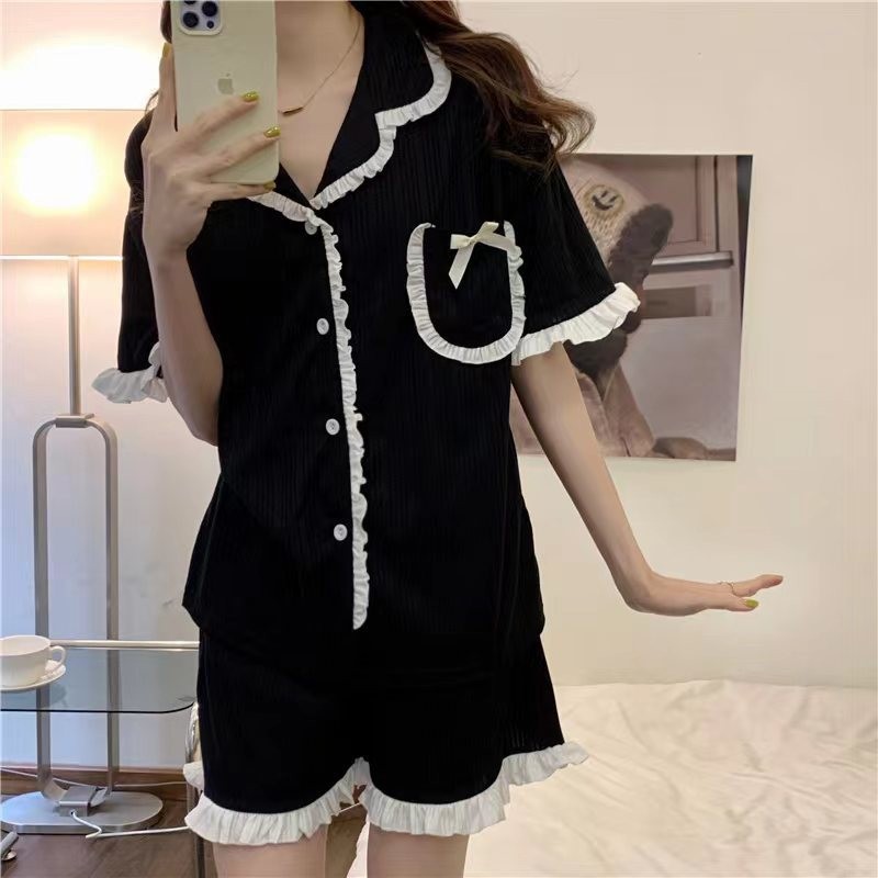 Picture of ins Cyber Celebrity Lace Long-sleeved Simple Black Spring and Autumn Long-sleeved Trousers Cardigan Pajamas Women's Sweet Loose Home Clothes