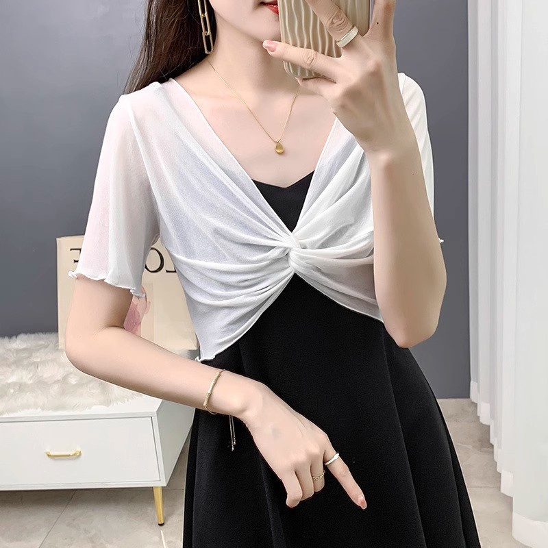Picture of Summer Lace Mesh Small Shawl Sun Protection Clothing Women's Sling Skirt Short-sleeved Jacket Thin Ice Silk Small Waistcoat Cardigan
