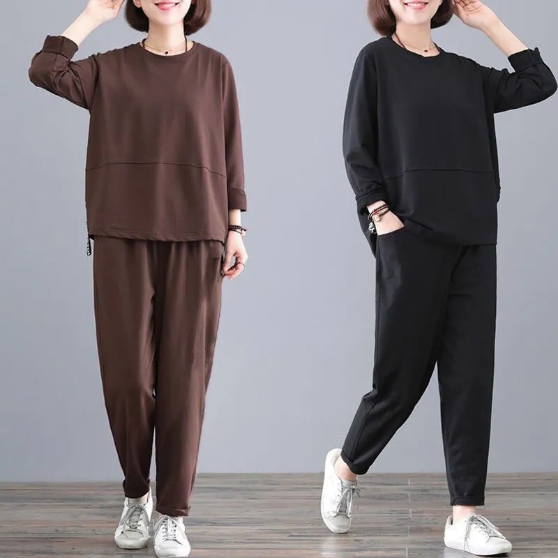 New Large Size Women's Casual Suit Women's Spring Solid Color Sportswear Mother's Fashionable Two-piece Suit Women