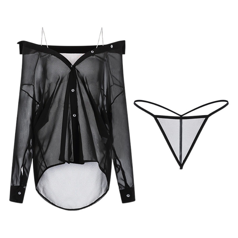 Dz Guiruo Brand Sexy Lingerie Chiffon Sexy Temptation Pure Desire See-Through Large Size Boyfriend Style Shirt Set 2622