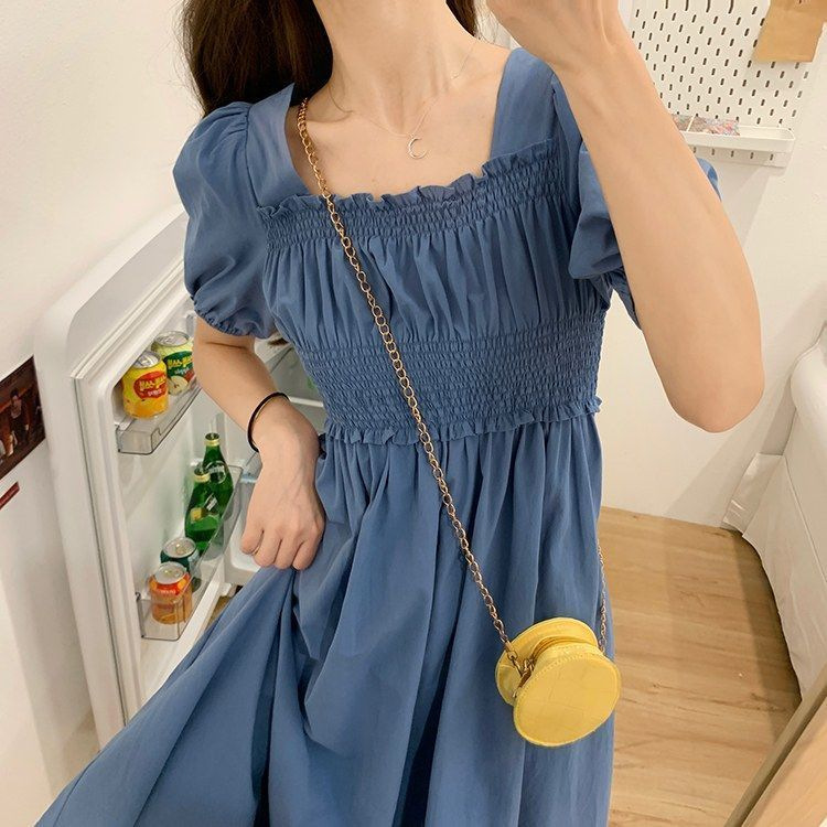 (Schiffon) Gentle Collarbone Bubble Embroidery Dress for Women Summer New French Mid-Length Waist Slimming Look A-Line
