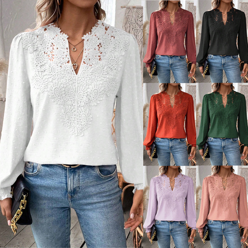 2025 Europe and the United States Amazon cross-border autumn and winter new fashion V-neck lace solid color long sleeve casual T women's top