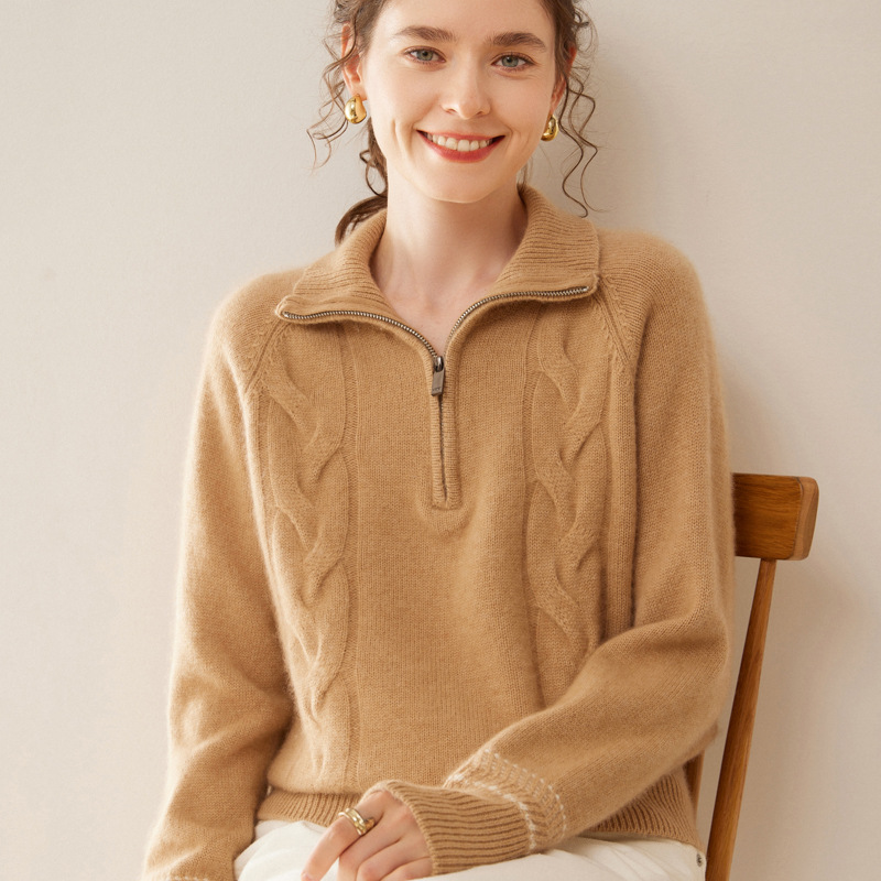 Heavy Thickened Half Open Collar Zipper Cashmere Sweater Women's Lapel Twist Flower Long Sleeve Sweater Loose Wool Base Sweater