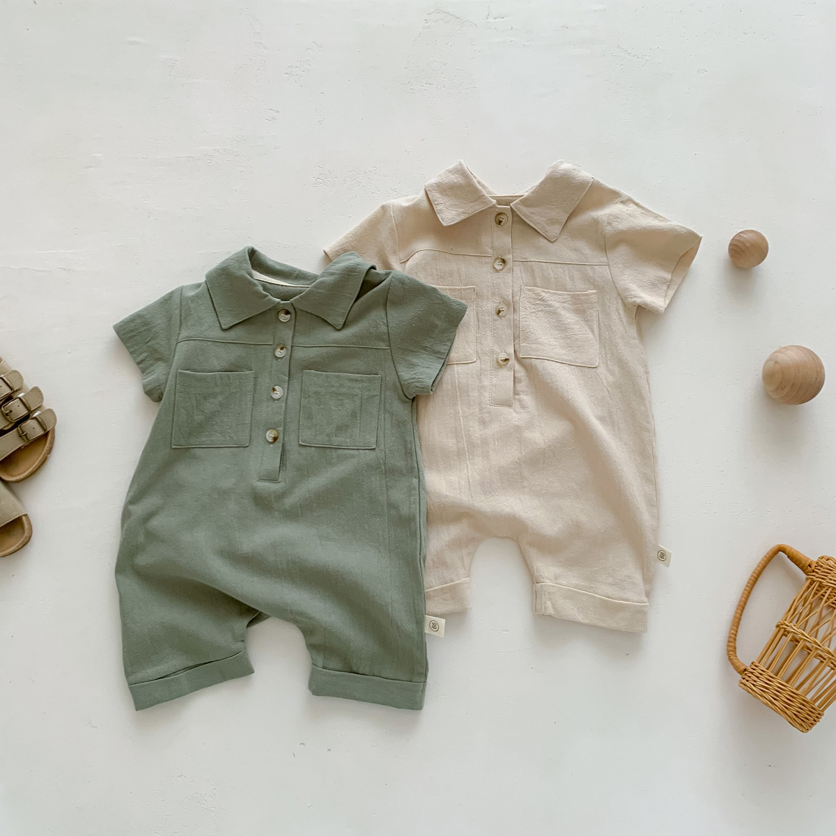 Picture of Summer Boys' Short-Sleeved Jumpsuit, Korean Style Baby Boy's Stylish Front-Buttoned Newborn Girl's Clothes, Crawling Clothes