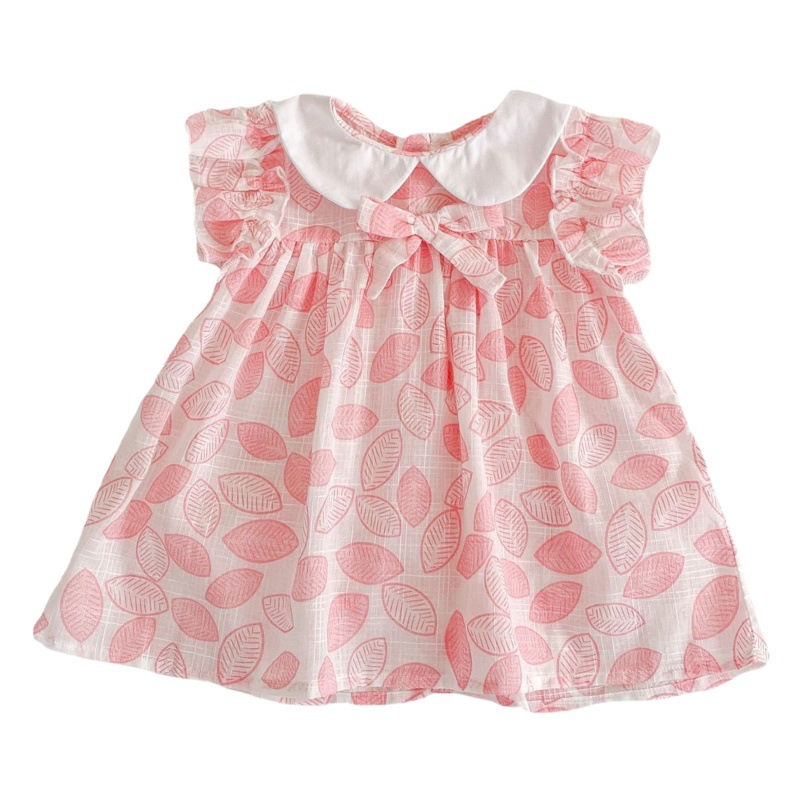 Ins2025 Summer Style Baby Girl 0-3 Years Old Infants and Young Kidsren Leaf Doll Collar Printed Cotton Flying Sleeve Skirt