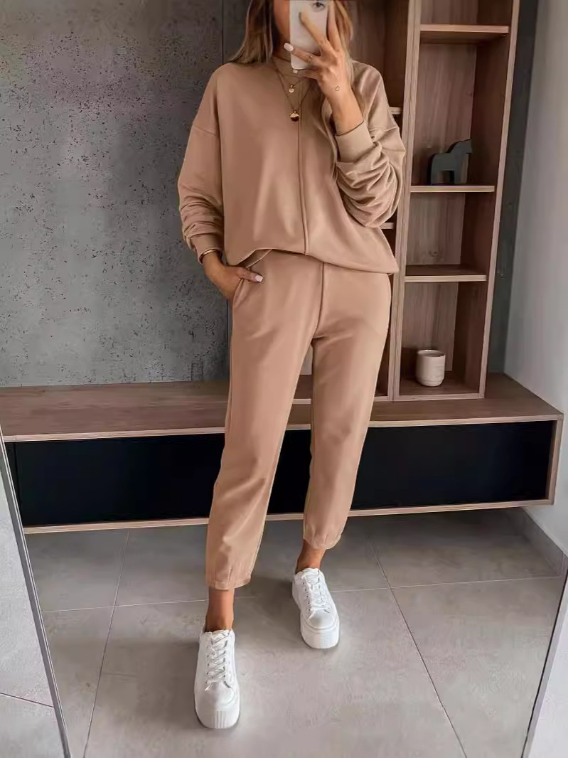 Cross-border Europe and the United States Loose Solid Color Casual Sports suit High Waist Leggings Sports Sweatpants Hooded Sweatshirt Coat Women