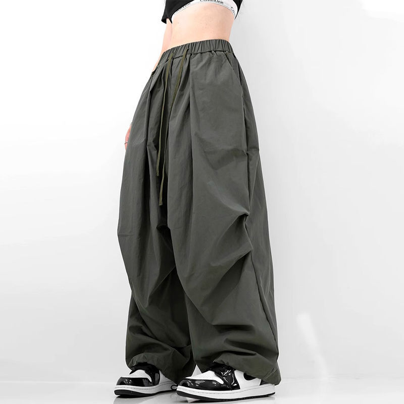 American Hip-Hop Quick-Dry Drawstring Overalls Jazz Loose Straight Leg Wide Leg Casual Trousers High Street Trendy