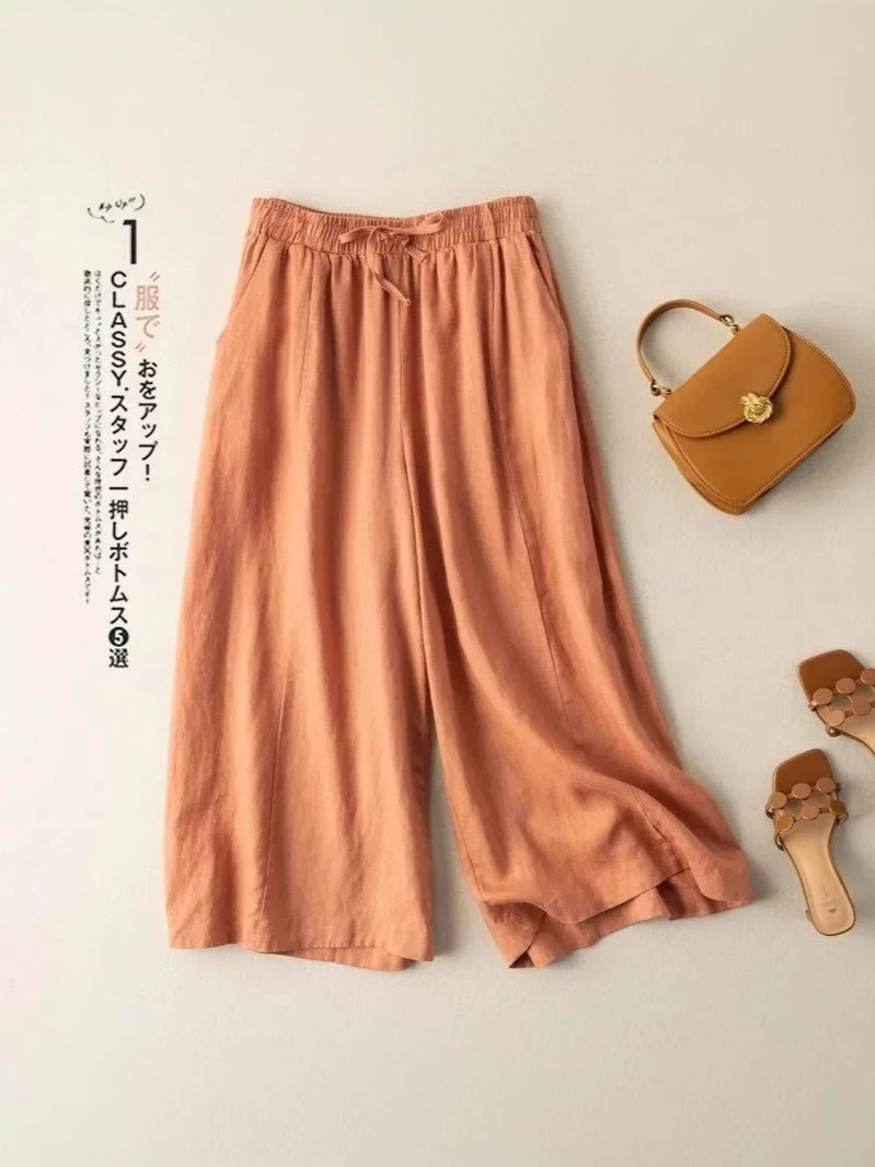 Drapey Three-Quarter Cotton and Linen Women's Pants High-Waisted Slim Wide-Leg Pants Women's Summer 2025 Thin Loose Casual Pants