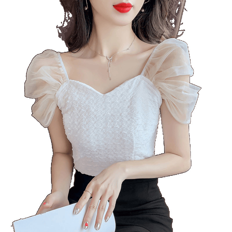 Picture of 2025 New French Square Neck Collarbone Short Sleeve Shirt Women's Sweet Summer Style Fairy Style Mesh