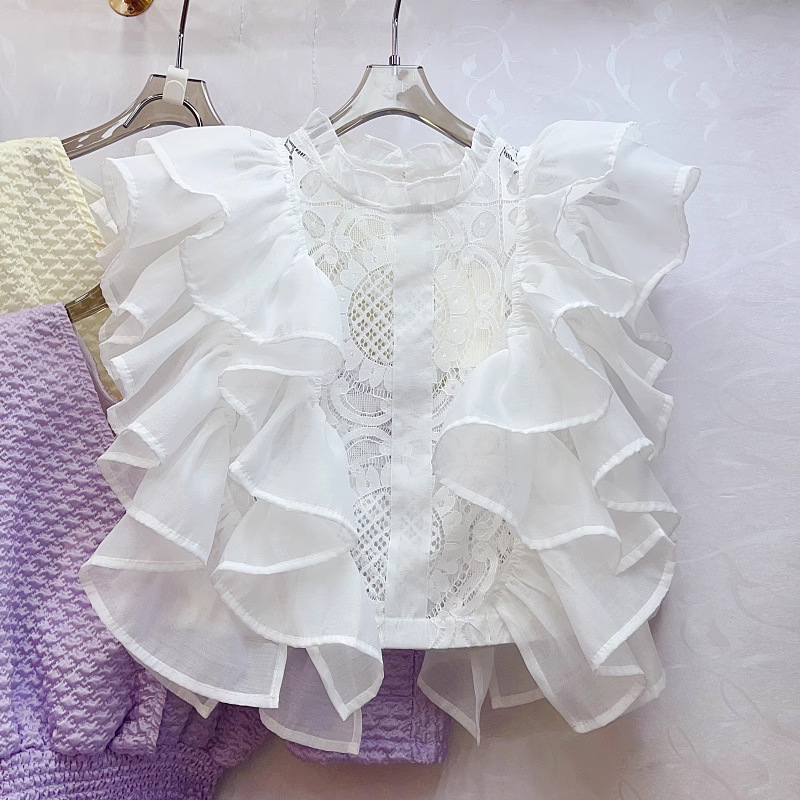 Picture of Summer New High-end French Ruffled Stitching Crochet Hollow Lace Shirt Women's Chic Top Trendy