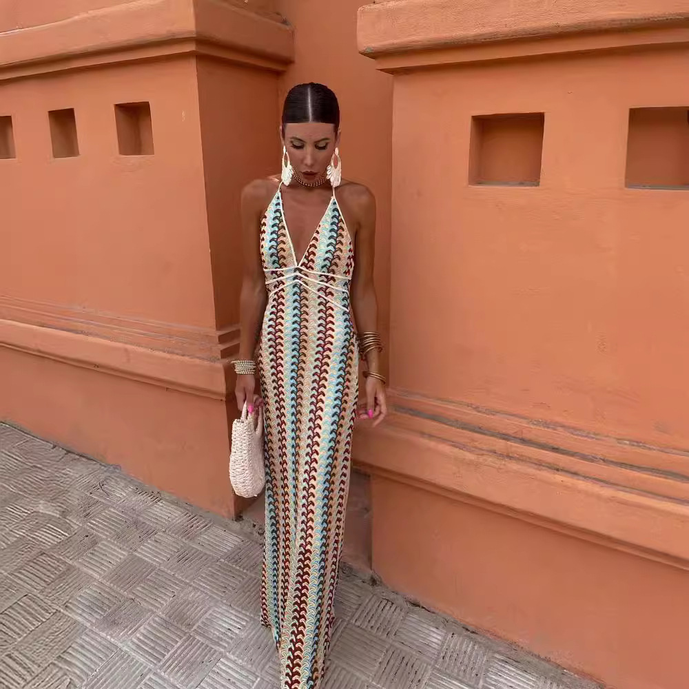 2024 Cross-border Amazon AliExpress Explosions Contrast Lace V-neck Strap Backless Beach Dress