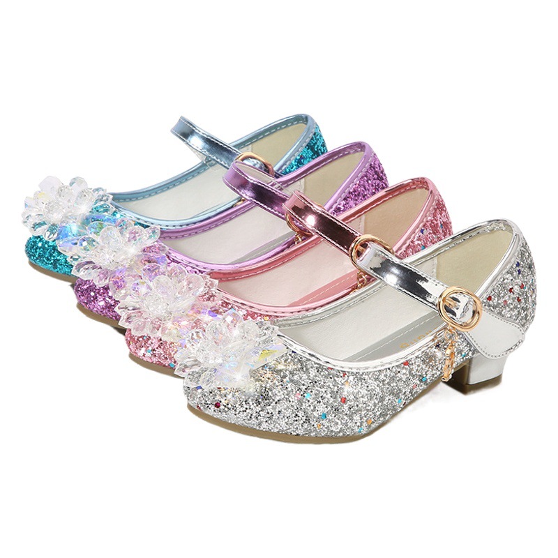 Girls' Princess Shoes 2024 Spring Children's High Heels Stage Performance Shoes for Older Children Crystal Leather Shoes with Shiny Rhinestones