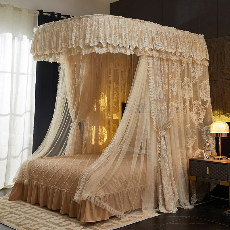2025 New Double-Layer Track Mosquito Net High-End Lace Floor-Standing Three-Door Bed Curtain Princess Style Drop Shipping