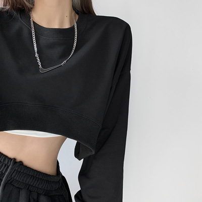 Picture of Short Sweater Women's Autumn Korean Solid Color New Loose Navel Round Neck Women's Foreign Trade Top Women's Fashion Wholesale
