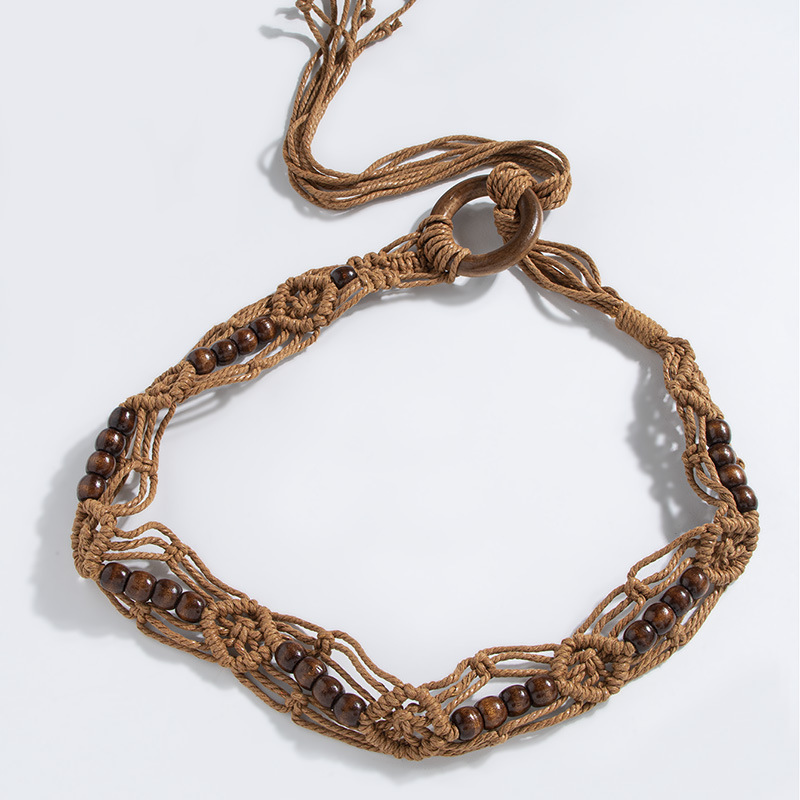 Bohemian Round Wood Buckle Wax Rope Woven Knot Ethnic Style Handmade Wooden Beads Women's Belt Leisure Holiday Style Waist Rope