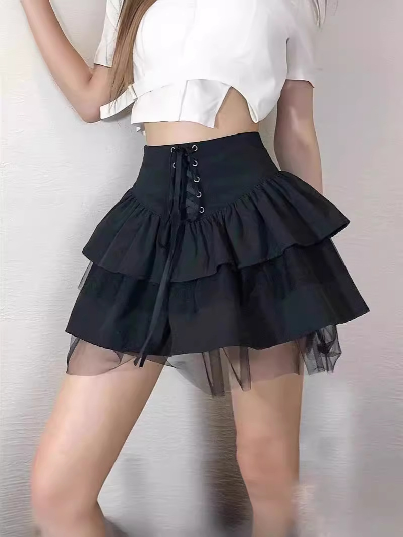 Diablo Style Mesh Stitching Summer Yabi Style Culture Puffy Skirt Hot Girl Y2k Lace-up Slimming Cake Skirt