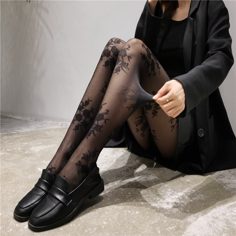 Picture of Retro Rose White Stockings women's summer thin black silk anti-snagging jacquard pantyhose Sweet Sexy