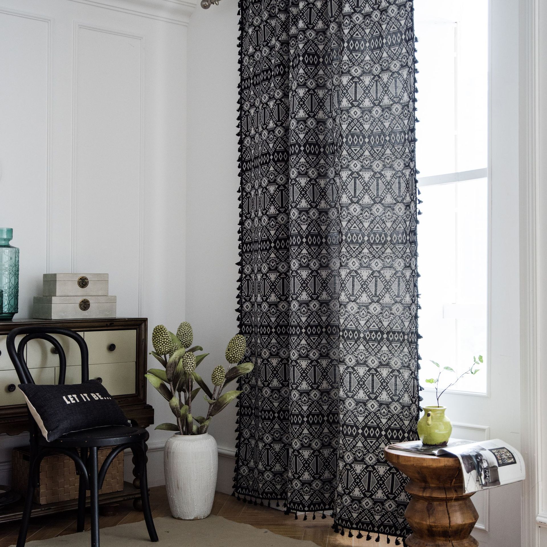 Curtain Finished Jacquard Geometric Black Tassel Bohemian Style Kitchen Curtain American Country Bay Window Semi-Shaded