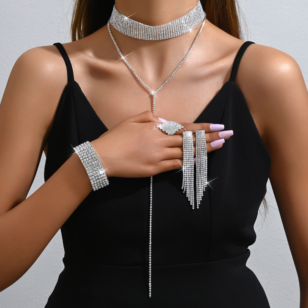 Europe and the United States luxury personality exaggerated jewelry bundle neck multi-layer necklace earrings bracelet ring suit full diamond jewelry wholesale