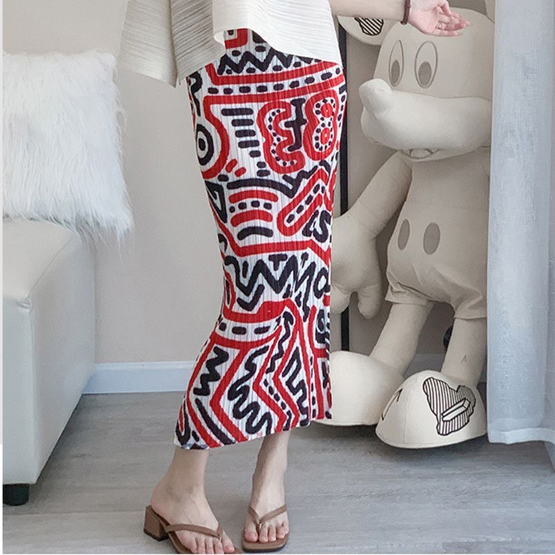 Picture of Niche design pleated skirt spring and summer thin elastic waist printed slimming age-reducing hip slit pleated skirt
