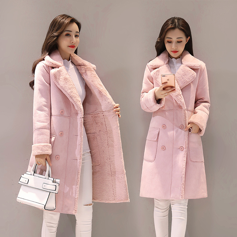 Cross-border imitation lamb wool deerskin velvet long coat women's 2024 South Korea winter new fleece-lined thickened