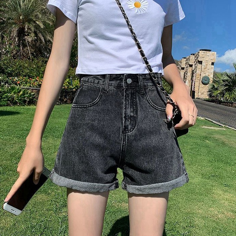 Picture of Summer Thin Ins-style Korean Style High Waist Slimming Denim Shorts Women's Loose A- shape Outer Wear Curled Wide-leg Hot Pants