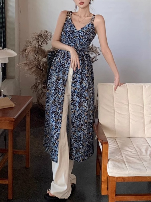 Floral V-Neck French Suspender Dress Women's Summer Sweet Sexy Skirt Blue Retro Elegant Slit Long Skirt