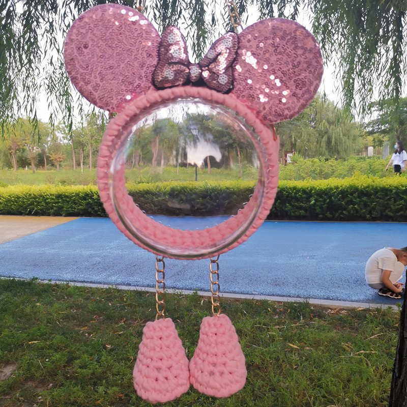 Picture of Handmade woven cloth line bear Mickey bag material bag transparent hemisphere acrylic Pearl handbag satchel