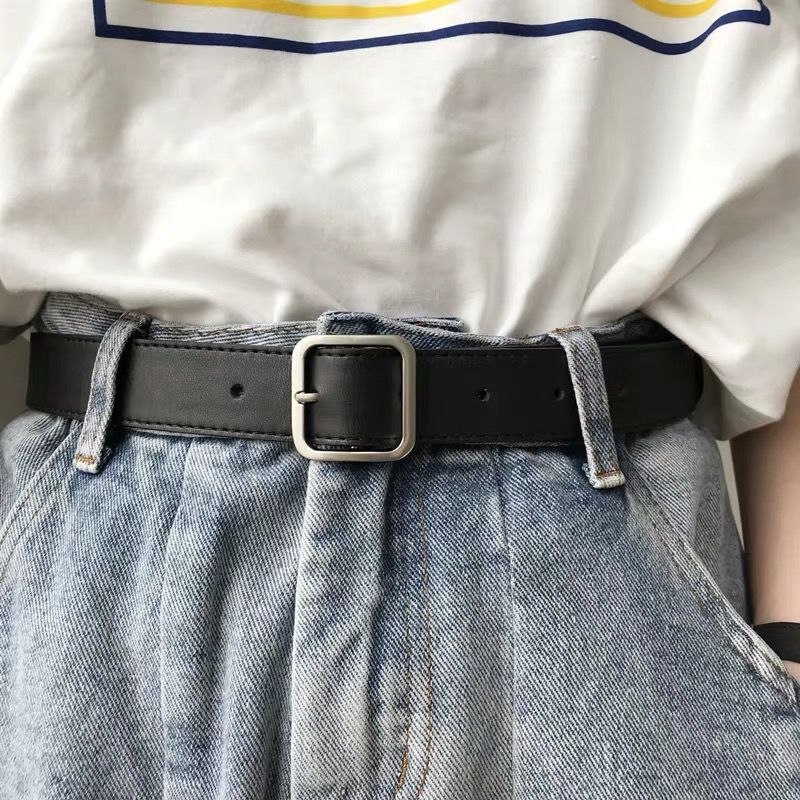 South Korea 2020 New Leather Belt Square Matte Silver Solid Buckle Black Belt chic Wide Women's Trendy