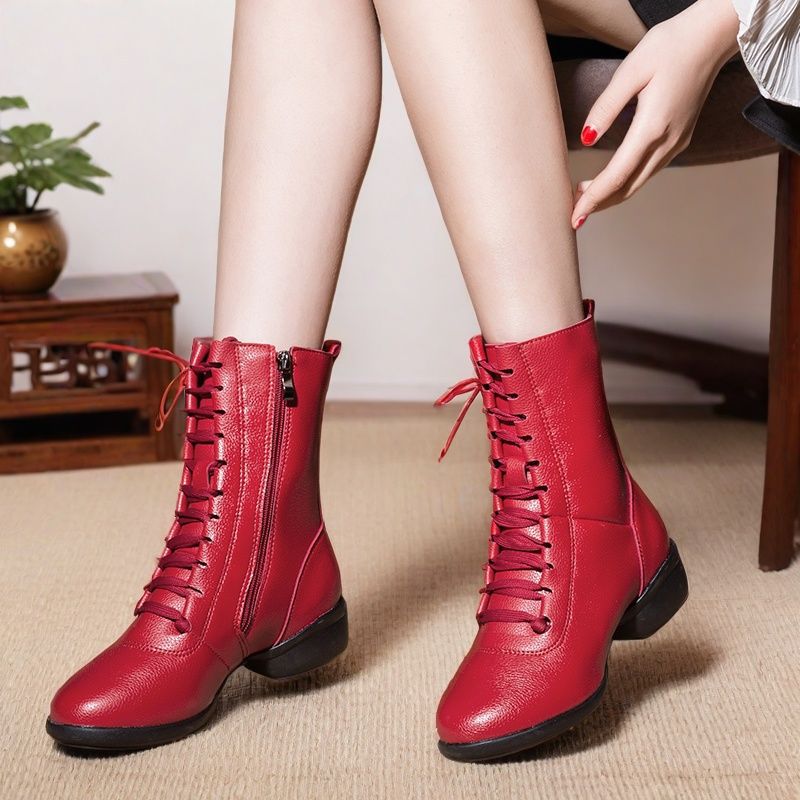 Autumn and winter high-top leather fleece-lined short boots adult dancing shoes sailor dancing boots middle-aged and elderly square dancing shoes warm