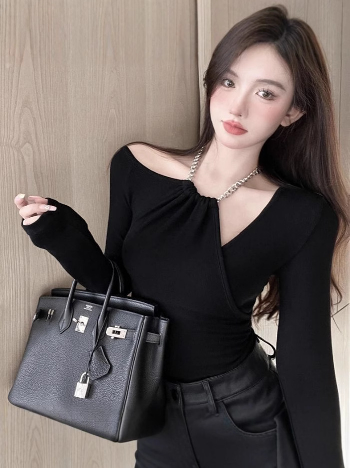 Spice Girls Black Long Sleeve T-Shirt with Hanging Neck Spring and Autumn 2024 New Shoulder Elegant Slim-Fit Slimming Base Shirt Top