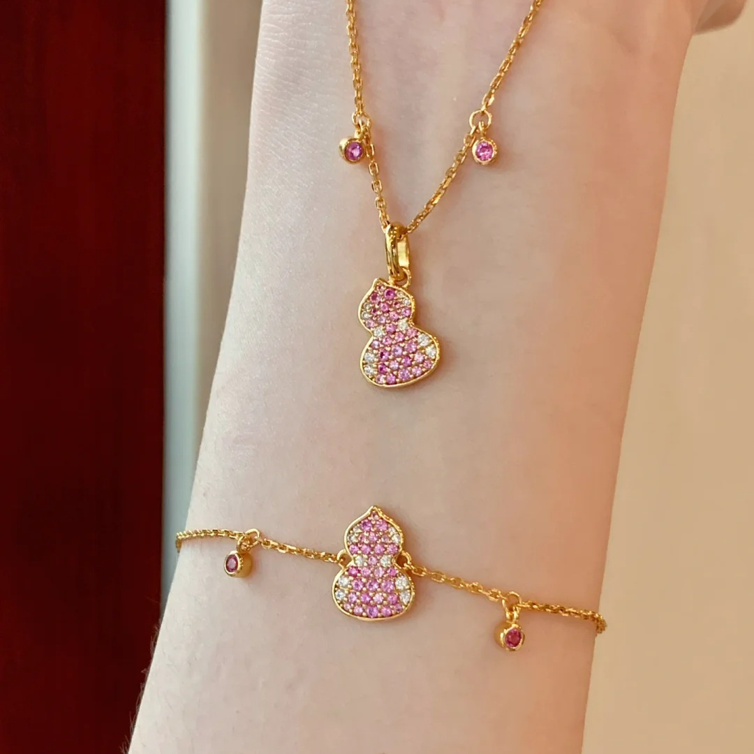 Light Luxury High-end Sense Full Diamond Gradient Pink Corundum Gourd Bracelet Necklace National Style Fashion Niche Design suit Women