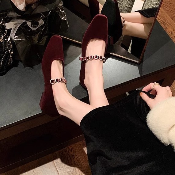Grape Mom Autumn and Winter New French Square Toe Shallow Mouth High-heeled Shoes with Diamond Strap Low Heel Suede Mary Jane Shoes