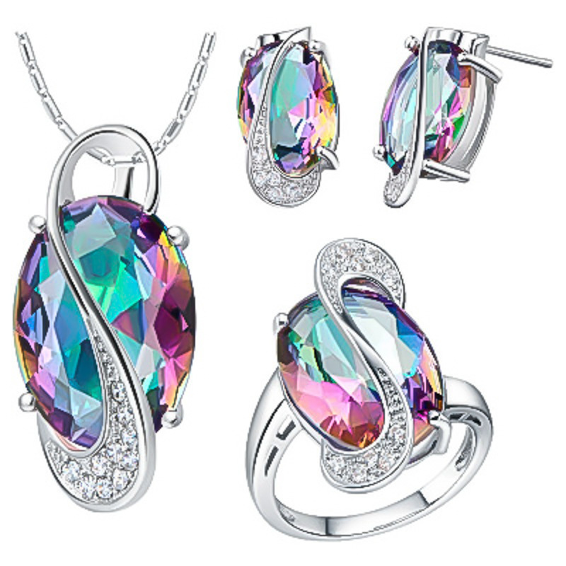 Cross-border Color Blue Green Purple Set Ring Earrings Pendant Necklace European and American Fashion Trendy Women's Jewelry Three-piece Set