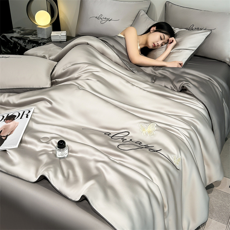 Picture of Washed Ice Silk Summer Quilt Four-piece Solid Color Embroidered Cool Air Conditioned Quilt Summer Gift Summer Quilt Summer Thin Quilt