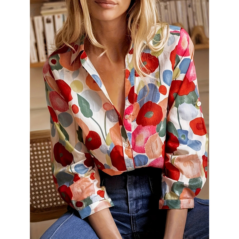 Cross-Border Export 2024 3D Digital Printing Women's Fashion Long-Sleeved Shirt New Hot-Selling Floral Top Gorgeous