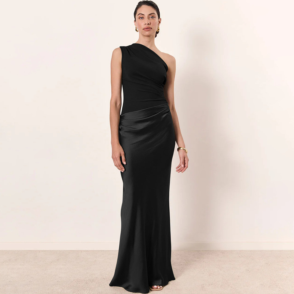 Step into the new women's European and American Amazon banquet dresses, fashionable temperament, elegant satin stitching solid color dresses