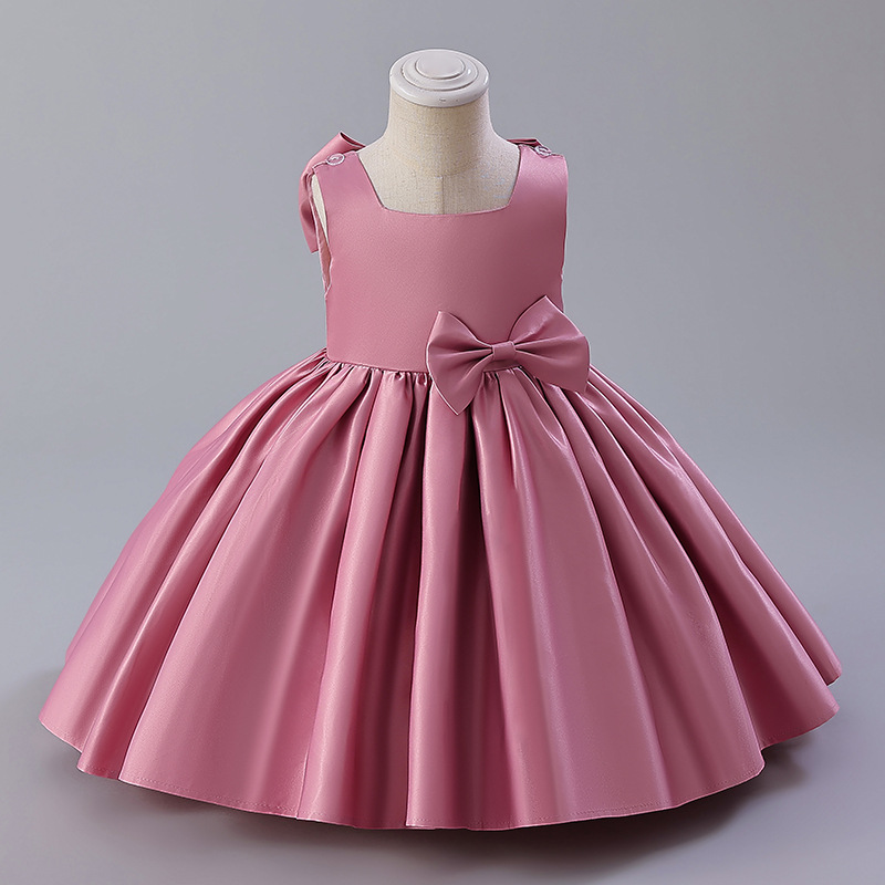 Children's dress Princess puffy dress flower girl baby birthday Western style satin solid color girl baby one-year-old dress