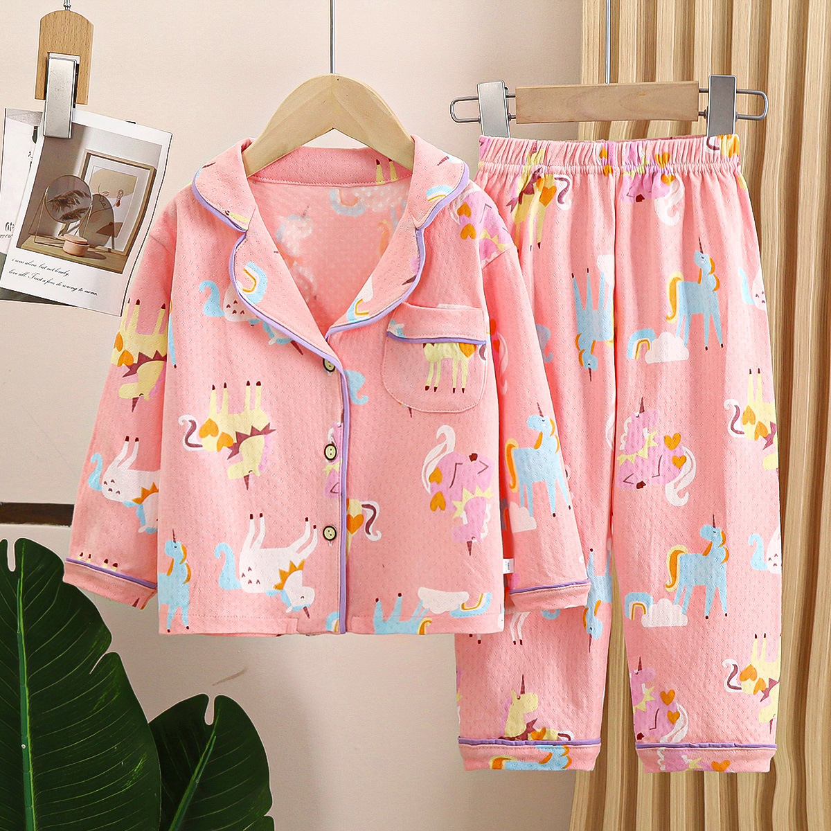 Picture of Cotton Children's Pajamas Spring and Autumn Lapel Long-sleeved Boys' Home Clothes suit Loose Big Children's and Girls' Air-conditioning Clothes