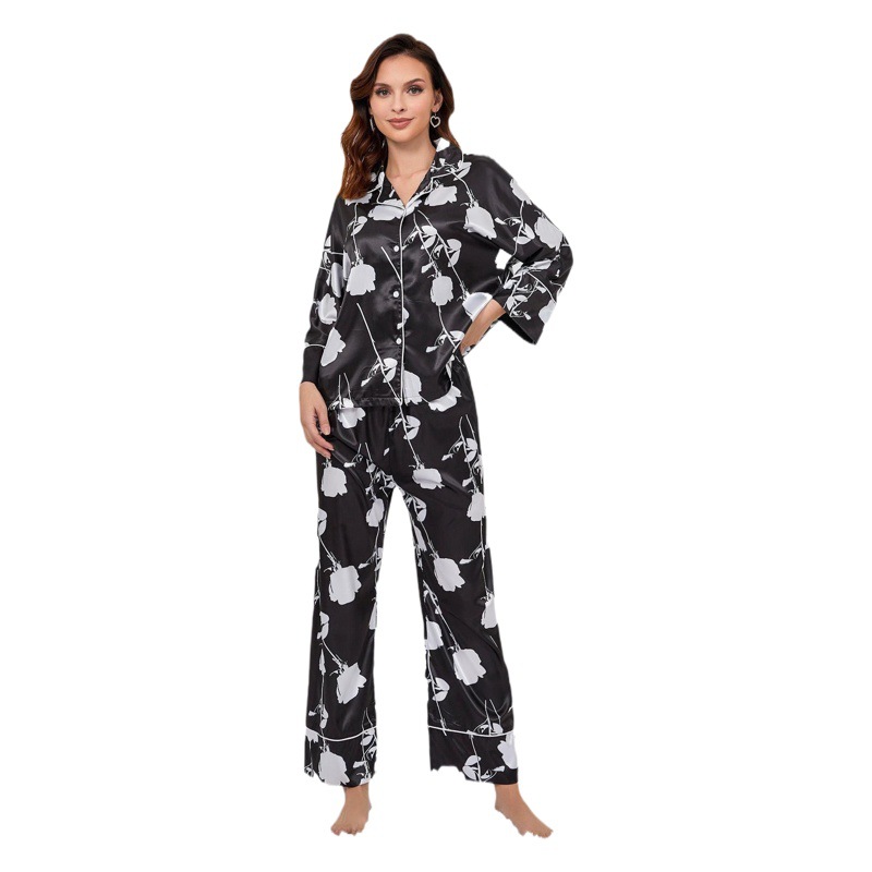 Amazon European and American Pajamas for Women Spring & Fall Thin Imitation Silk Long-Sleeved Trousers Home Clothes Set Cross-Border Independent Station
