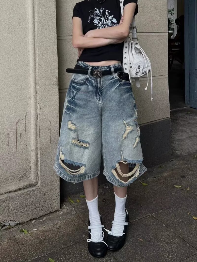 American Style Retro Washed Ripped Street Style Denim Shorts Women's High Waist Slightly Chubby Women's Loose Wide Leg Five-point Straight Pants