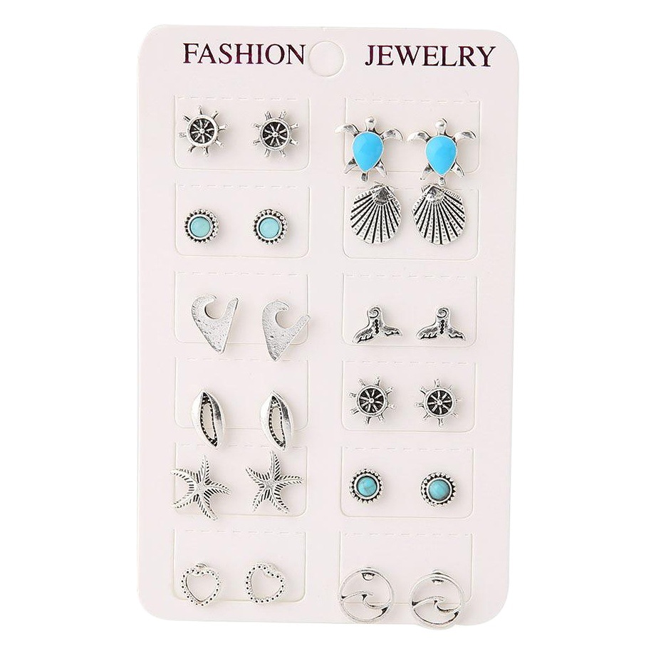 Picture of Europe and the United States cross-border new jewelry simple dripping turtle stars wave shell turquoise 12 pairs of set earrings wholesale