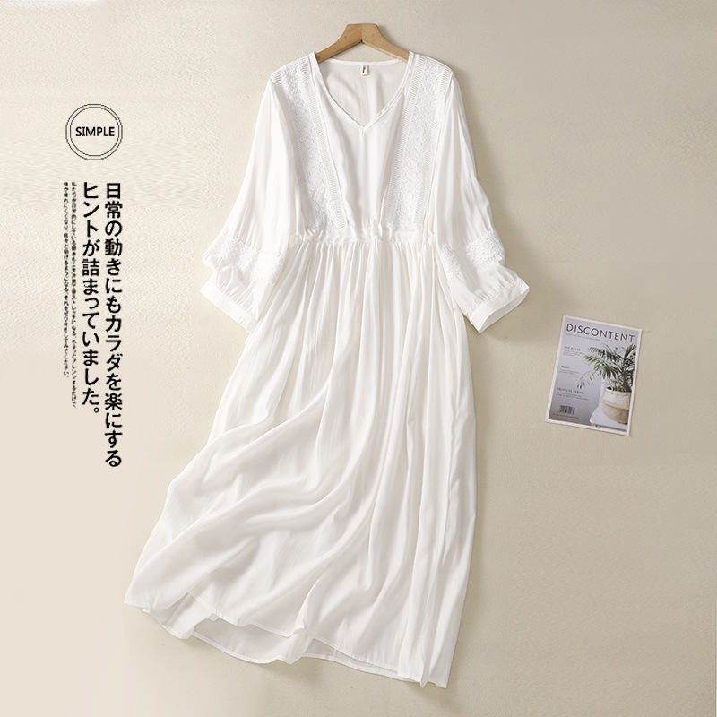 Comfortable and Fashionable Simple Seven-sleeve Artistic Style Lace-up dress 2025 Summer New Mid-length V-neck Fresh Style