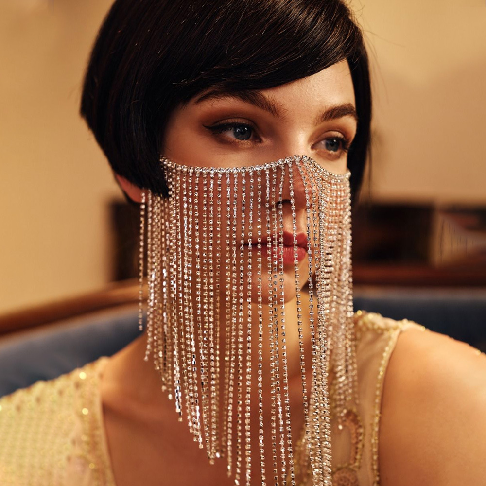 Cross-border Retro Claw Chain Rhinestone Mask Sexy Long Tassel Veil Dinner Evening Party Facial Accessories mask06