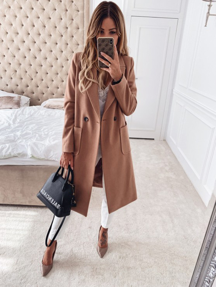 Picture of Ebay AliExpress wish Explosions Europe and America Best Selling Candy Color Lapel Long Coat Woolen Coat Windbreaker Women